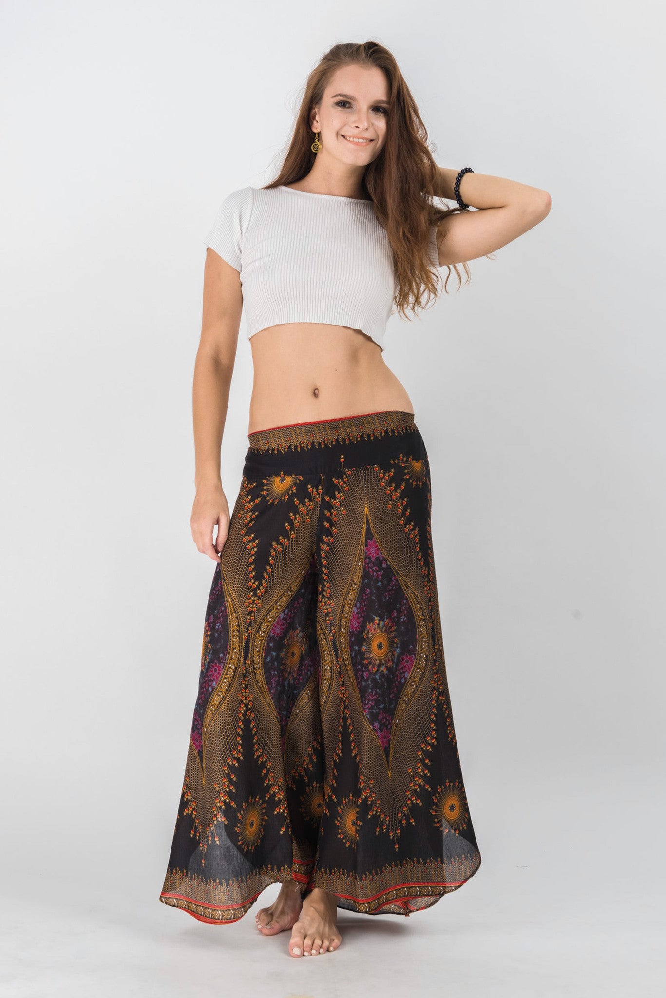 Peacock Eyes Palazzo Style Harem Pants in Floral Black