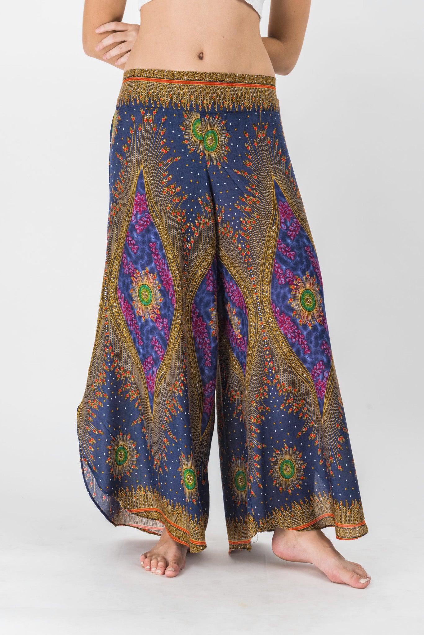 Peacock Eyes Palazzo Style Harem Pants in Dark Blue