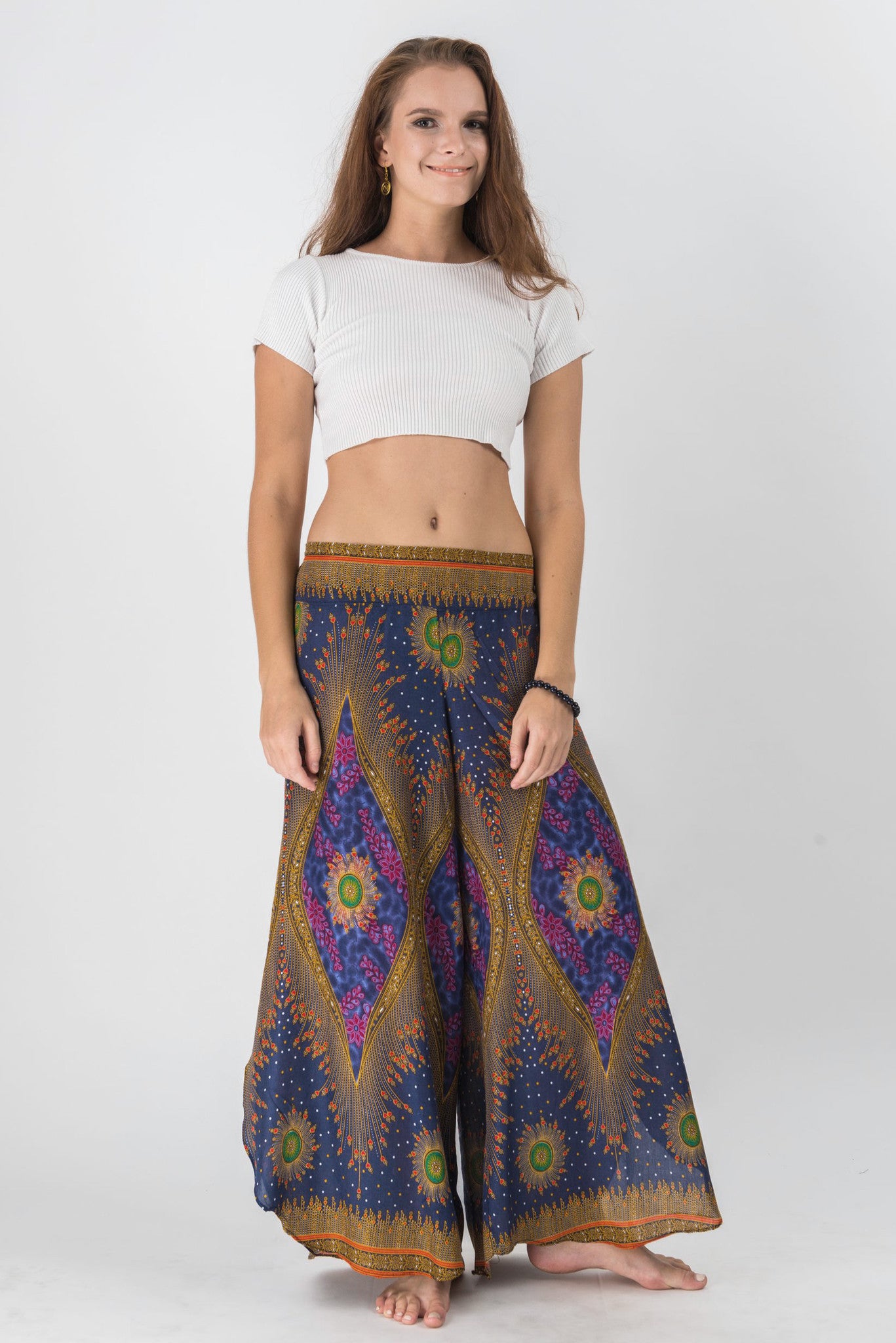 Peacock Eyes Palazzo Style Harem Pants in Dark Blue