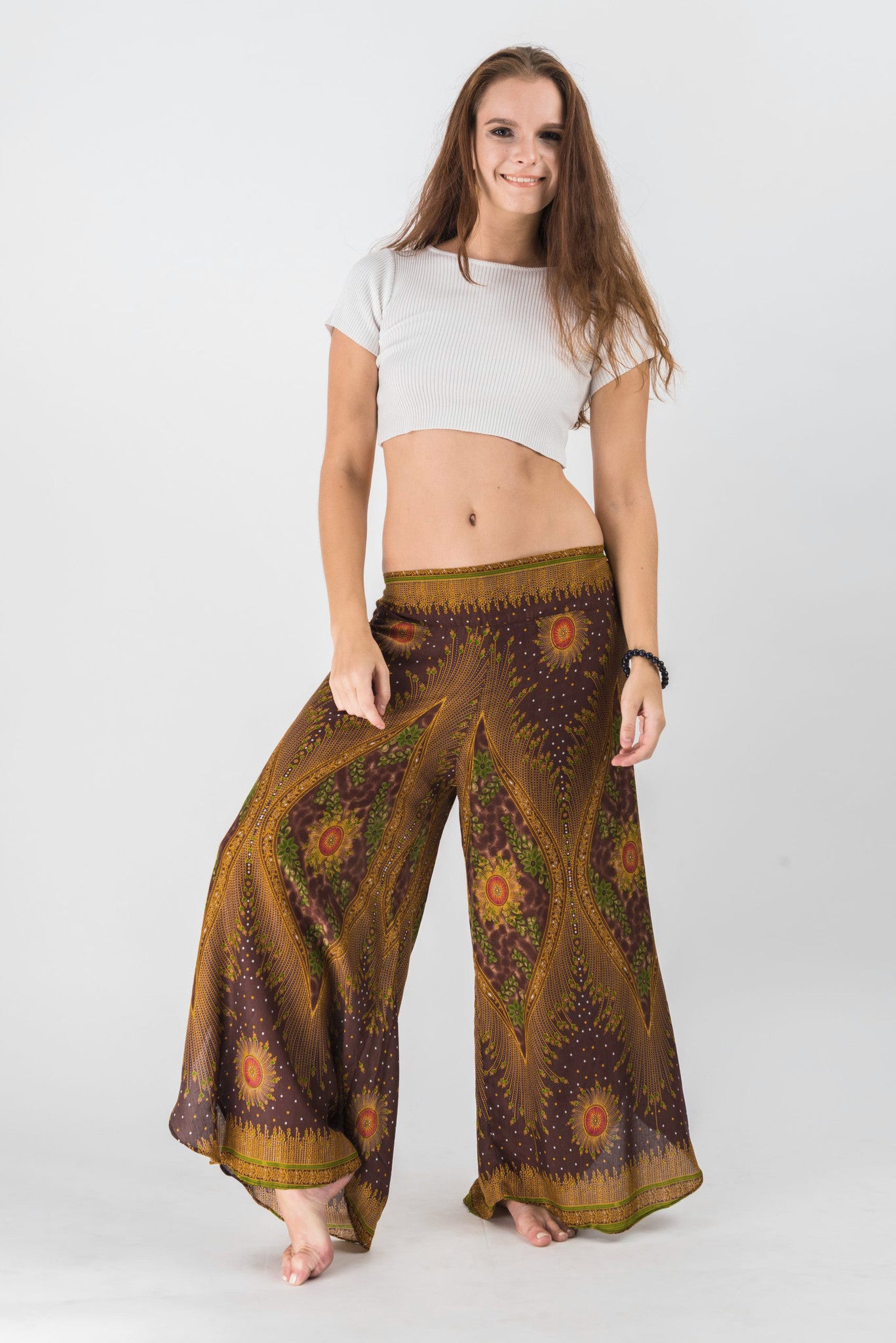 Peacock Eyes Palazzo Style Harem Pants in Brown Gold