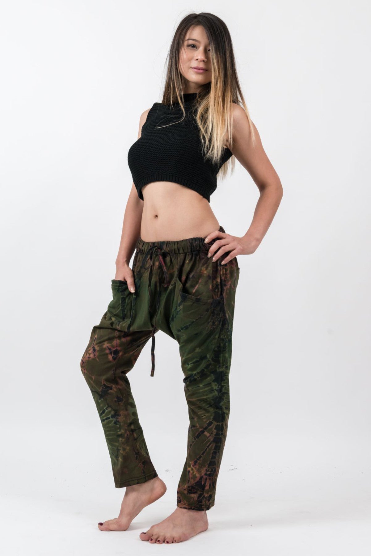 Tie Dye Cotton Women Harem Pants in Olive