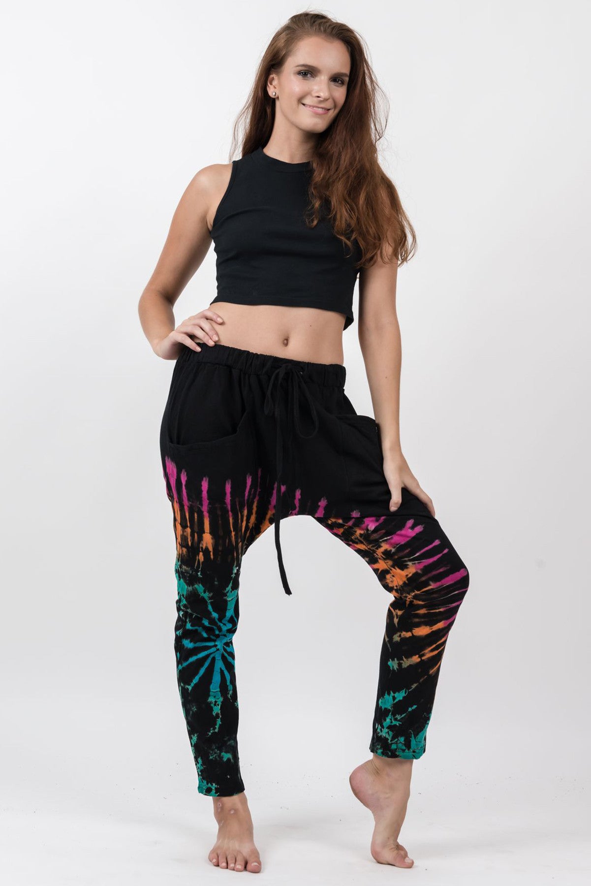 Tie Dye Cotton Women Harem Pants in Festival Black