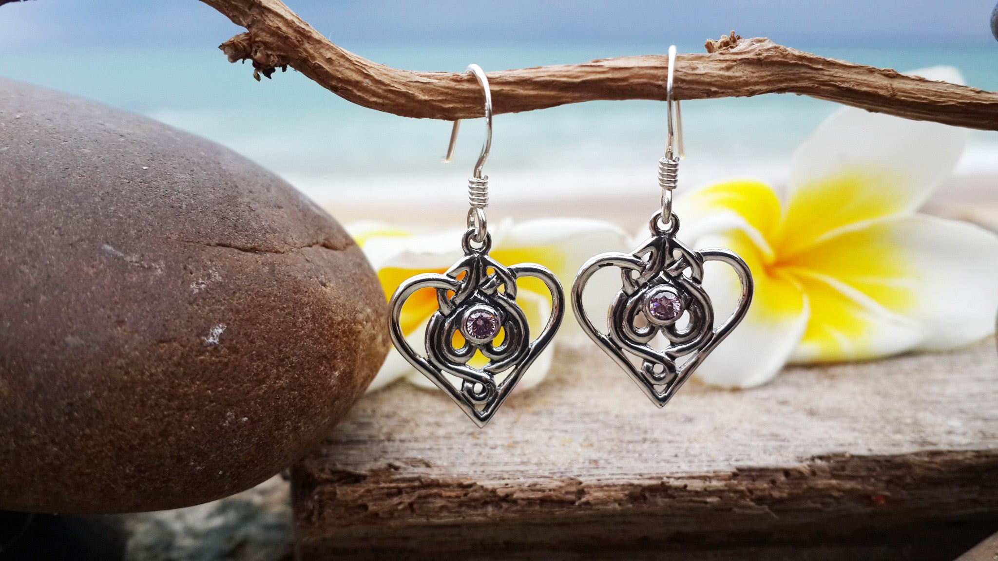 Thai Sterling Silver Heart-shaped Amethyst Dangling Earrings