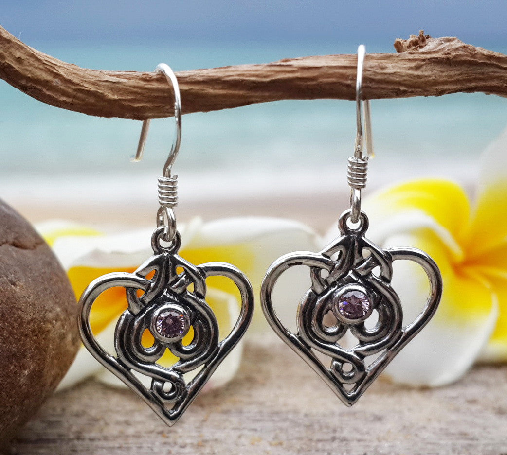 Thai Sterling Silver Heart-shaped Amethyst Dangling Earrings