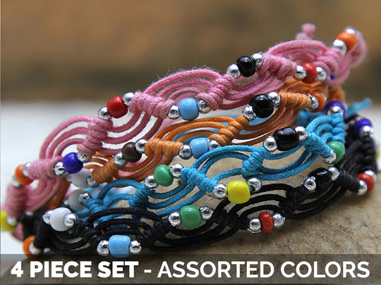 Waxed Cotton Woven Bracelet With Beads 4 Pcs. PACK