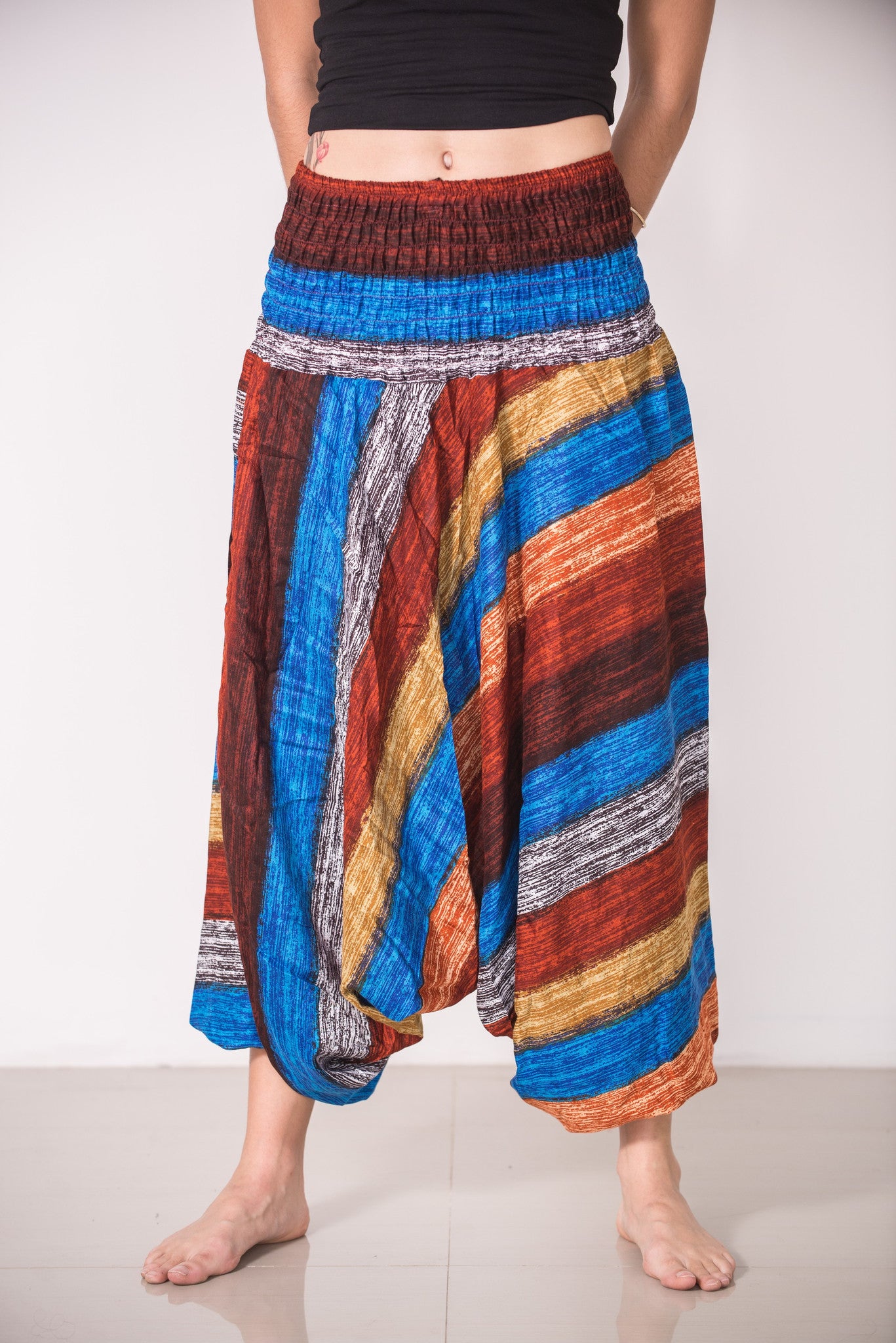 Boho Striped 2-in-1 Jumpsuit Harem Pants in Rust