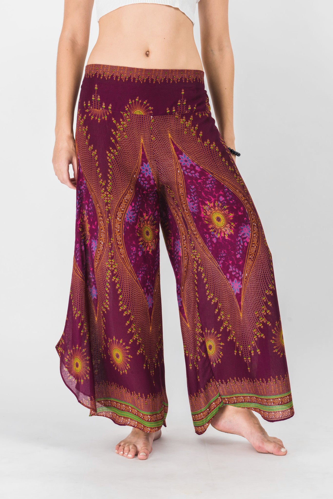 Peacock Eyes Palazzo Style Harem Pants in Wine