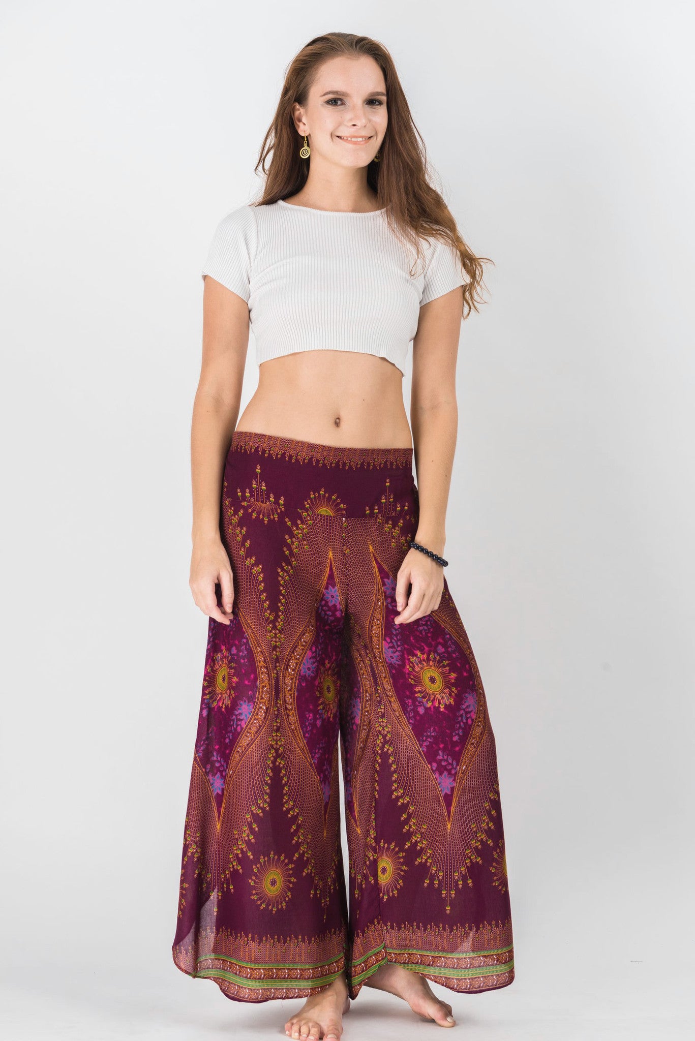 Peacock Eyes Palazzo Style Harem Pants in Wine