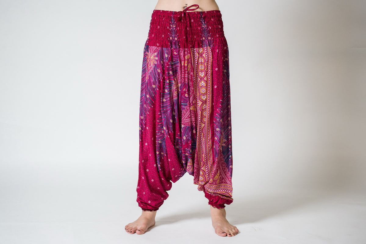 Peacock Feathers 2-in-1 Jumpsuit Harem Pants in Red