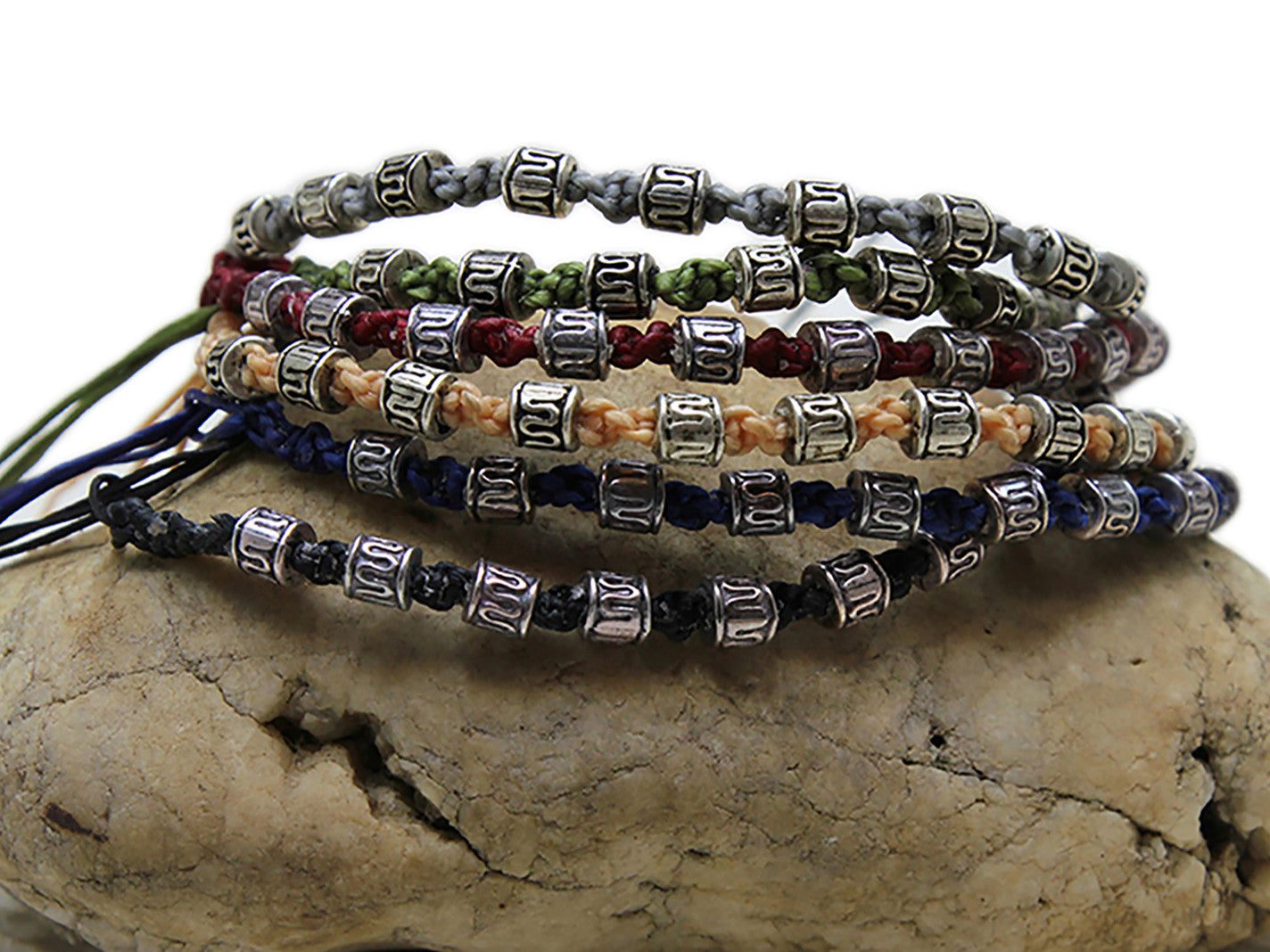 Waxed Cotton Woven Bracelet With Tribal Beads 6 Pcs. PACK