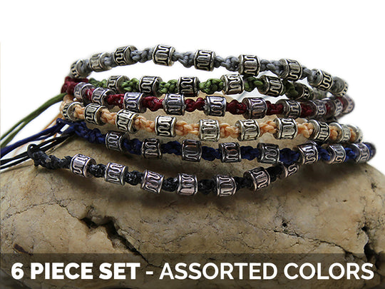 Waxed Cotton Woven Bracelet With Tribal Beads 6 Pcs. PACK