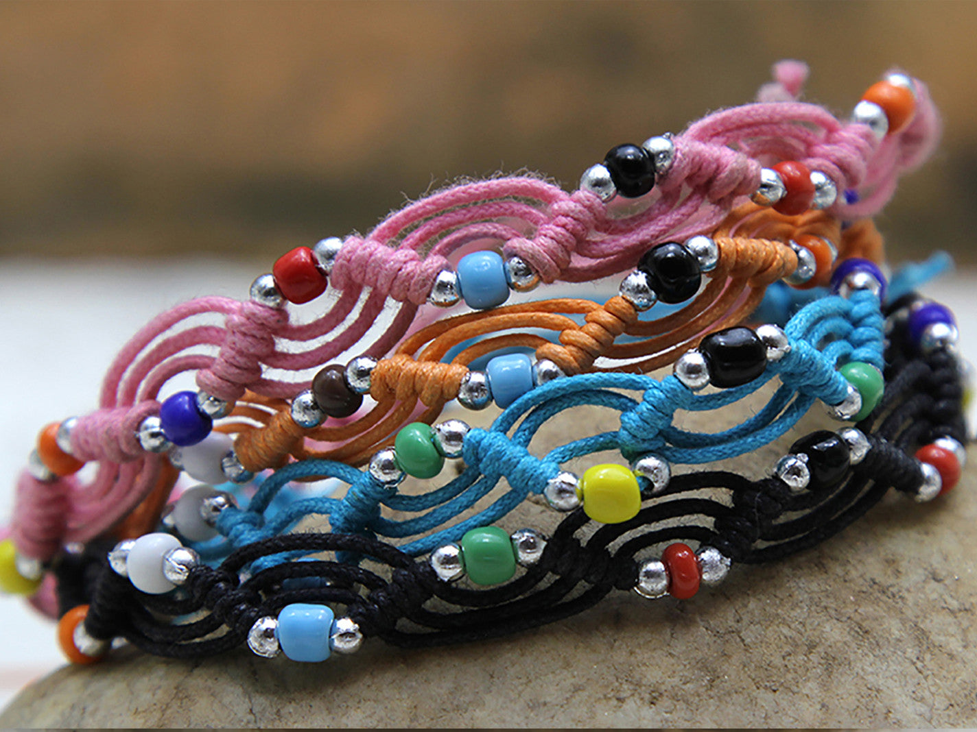 Waxed Cotton Woven Bracelet With Beads 4 Pcs. PACK